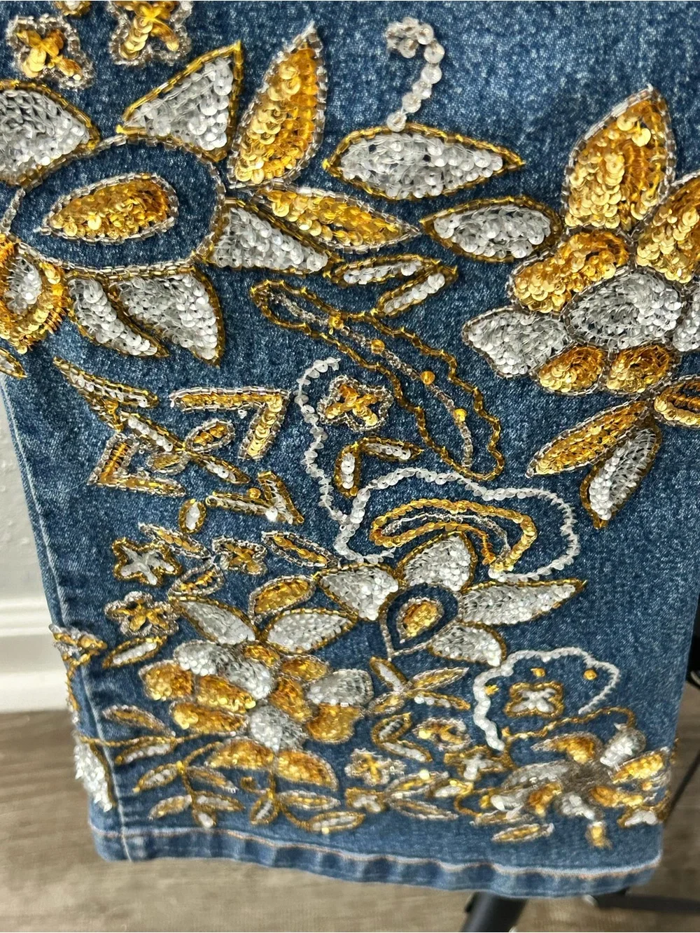 Midnight Velvet Blue Denim Flare Jeans with Gold & Silver Floral Embroidery